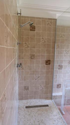 a shower with a glass door in a bathroom at Château d'Aigneville in Aigneville