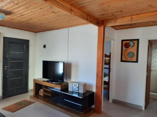 sala de estar con TV de pantalla plana y techo de madera. en Nothofagus en Caviahue