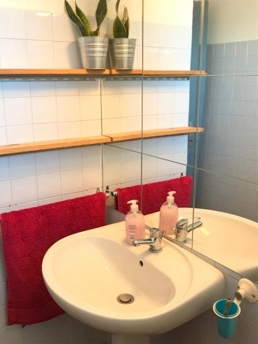 une salle de bain avec un lavabo blanc et des serviettes rouges dans l'établissement Chez Val & Dam, à Avignon