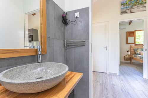 baño con un gran fregadero de piedra en una encimera en AU DOMAINE DE COTON, en Saint-Louis