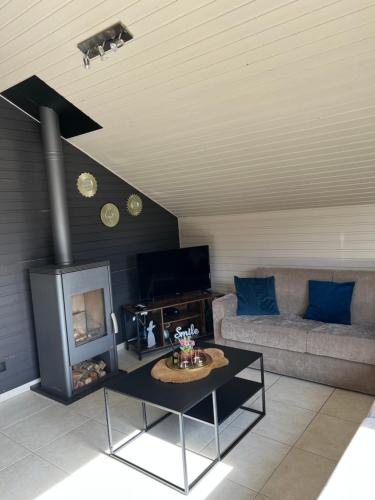 a living room with a couch and a fireplace at Vakantiehuis Gertrude in Middelkerke