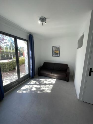 un salon avec un canapé et une fenêtre dans l'établissement Appartement 30 m2, piscine et parking privé, à Mouans-Sartoux