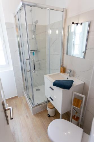 une salle de bain avec une douche, un lavabo et des toilettes dans l'établissement 4 pers centre-ville / 300M Plage, à Royan