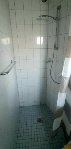 Miniferienhaus Bad Elster في باد إلستر: حمام مع دش وأرضية من البلاط