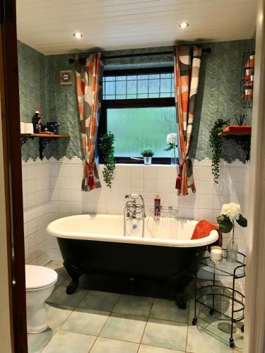 a bathroom with a bath tub and a toilet at Cowden Farmhouse, near Stonehaven. in Glenbervie