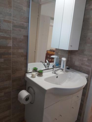 a bathroom with a sink and a mirror at GuniLak Gunaras in Dombóvár