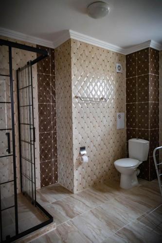 a bathroom with a toilet and a wall with tiles at семеен хотел Прованс Ахелой in Aheloy