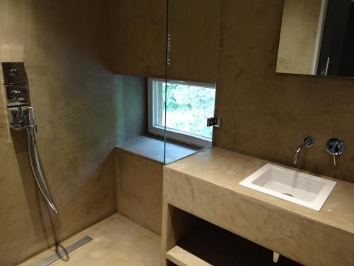 a bathroom with a sink and a shower at B&B Les Tilleuls in Vielsalm