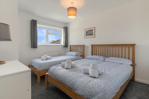two twin beds in a bedroom with a window at Coedrath Park 20 - Modern Apartment, Close to the Beach in Saundersfoot