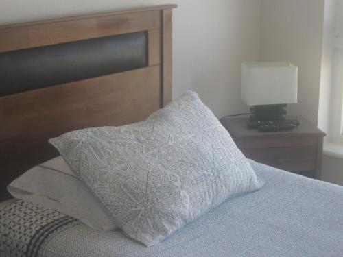 a bed with a pillow and a lamp on a night stand at Departamento Parque Urbano 1710 in Concepción