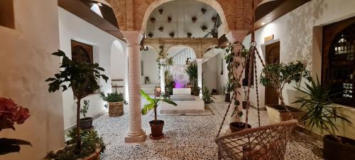 un couloir avec des plantes en pot dans un bâtiment dans l'établissement Murallas de Jayrán Hotel Boutique, à Almería