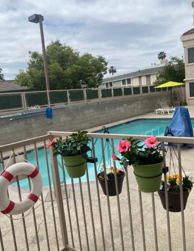 a balcony with potted plants and a swimming pool at Comfort Suites in Tulare