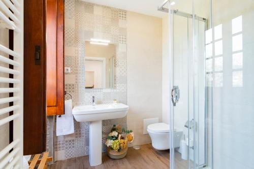 a bathroom with a sink and a toilet and a shower at Casa do Boco in Oliveira do Hospital