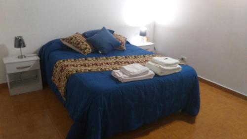 een slaapkamer met een blauw bed en handdoeken bij Susana in Loncopué