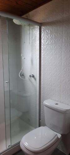 a bathroom with a toilet and a glass shower at IbiraCottage in Imbituba