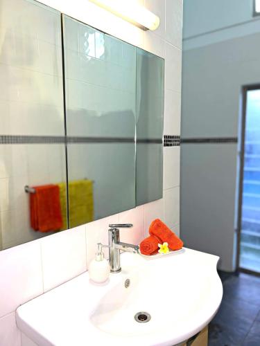a bathroom with a sink and a mirror at Sina Pool Villa Rarotonga in Arorangi