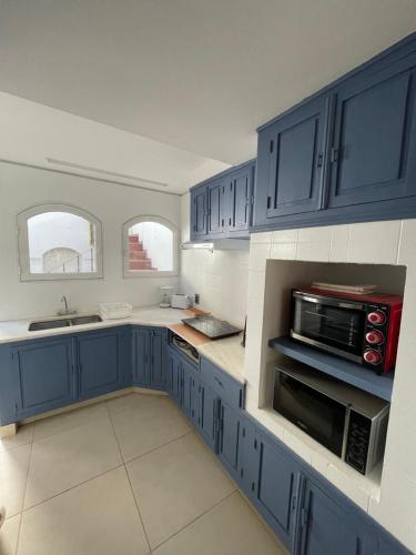 a large kitchen with blue cabinets and a microwave at Arístides Lodge in Mendoza