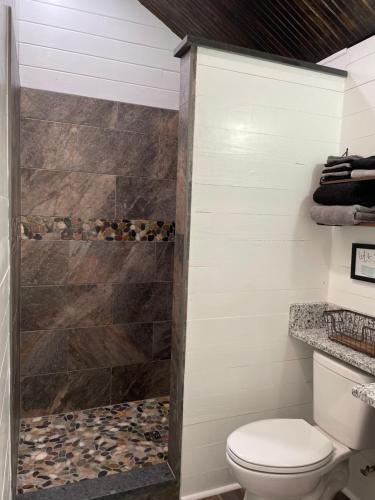 a bathroom with a toilet and a shower at Cozy Cabin in Crestwood Subdivision in Avinger
