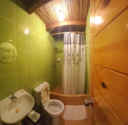 a bathroom with a shower and a toilet and a sink at Muyakuelap Eco house & Ecolife in Nuevo Tingo