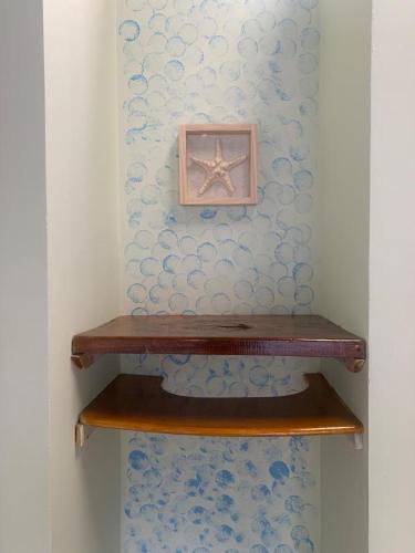 a wooden shelf with a starfish on a wall at Aloja-T en Casa de Playa Bahia Solano in Bahía Solano