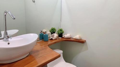 a bathroom with a white sink and a wooden counter at Aloja-T en Casa de Playa Bahia Solano in Bahía Solano