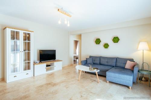 sala de estar con sofá azul y TV en Alpine Luxury Apartment Arinis en Gura Humorului