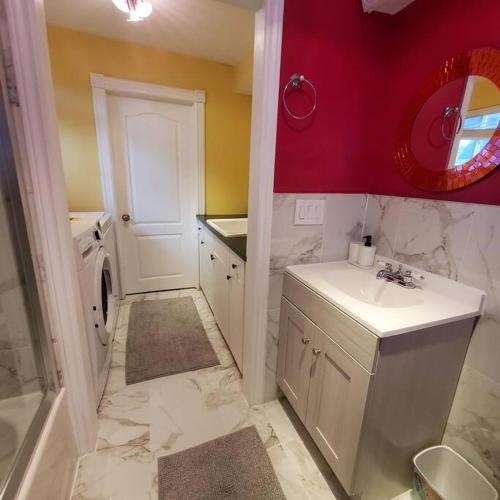 a bathroom with a sink and a washing machine at Garden 2 Storey House in Niagara Falls