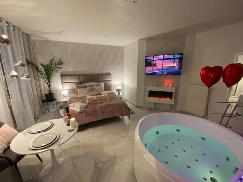 um quarto com uma cama com uma banheira e uma televisão em SPA Romantique ... Esprit LOVE em Mulhouse