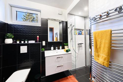 uma casa de banho com um lavatório branco e um chuveiro em HÍD19 APARTMAN GYŐR BELVÁROS-FREE PARKING-TERRACE az RQ VÍZI ÉLMÉNYPARK ÉS GYÓGYFÜRDŐNÉL em Gyor