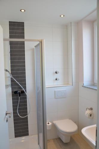 een badkamer met een douche, een toilet en een wastafel bij Pension die kleine Träumerei in Griesheim