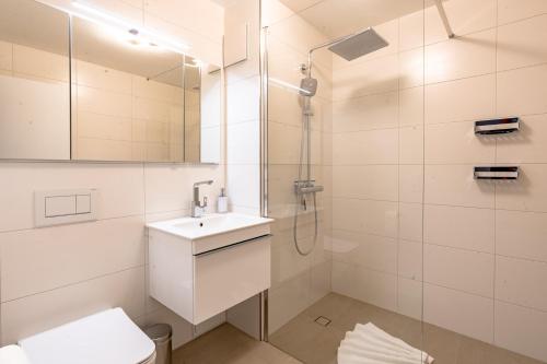 a bathroom with a shower and a sink and a toilet at Alpenaster 2 in Sonthofen