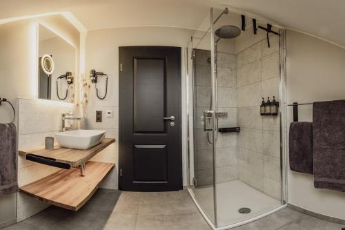 a bathroom with a shower and a sink and a toilet at Asten-Chalets in Winterberg