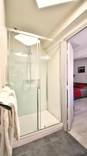 Una ducha de cristal en una habitación con dormitorio en Hotel Fortin, en Anost