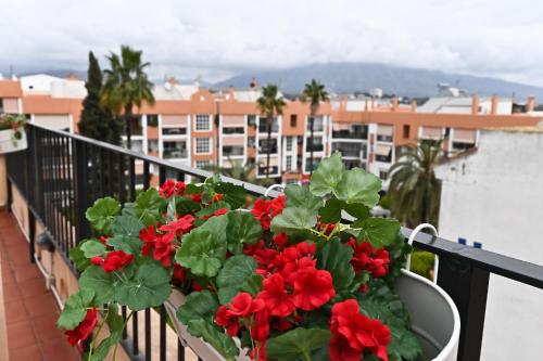 a vase filled with flowers sitting on top of a ledge at Hotel Doña Catalina in Marbella
