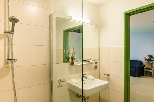 a bathroom with a sink and a mirror at Nutzwedel Resort Farmers Lodge in Horst in Holstein