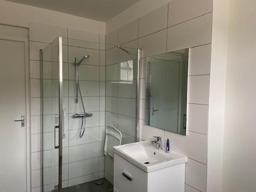 a white bathroom with a shower and a sink at Landgoed Kasteel Terborgh in Schinnen