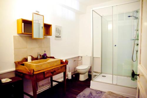 a bathroom with a sink and a toilet and a shower at Maison Bellachonne in Bellac