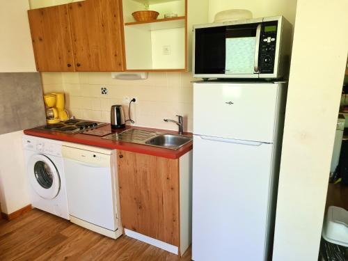 La cuisine est équipée d'un réfrigérateur blanc et d'un four micro-ondes. dans l'établissement Appartement chaleureux à Chamrousse, 42 m², parking inclus, à Chamrousse