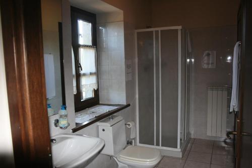een badkamer met een toilet, een wastafel en een douche bij Agriturismo Cascina Nuova in Barge