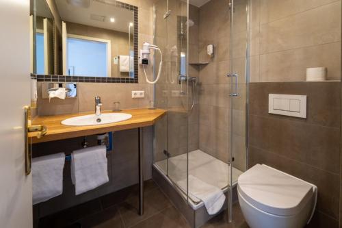 ein Bad mit einer Dusche, einem Waschbecken und einem WC in der Unterkunft Hotel Württemberger Hof in Reutlingen