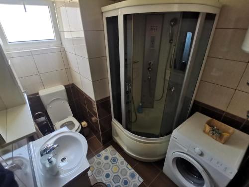 un bagno con doccia, WC e lavandino di Apartman Andrija a Trebinje