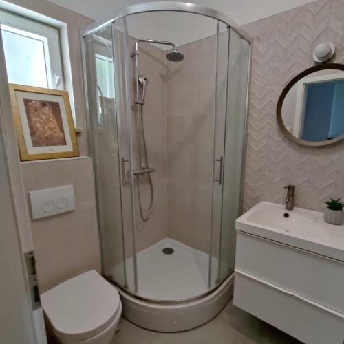 a bathroom with a shower and a toilet and a sink at Nika in Postira