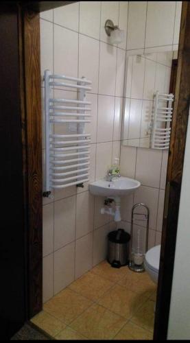 a bathroom with a sink and a toilet at Hostel Niedomice 