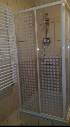 a shower with a glass door in a bathroom at Hostel Niedomice 