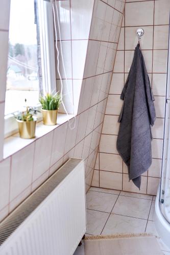a bathroom with a towel hanging on a wall at Domki Nad Stawami Apartament in Wolibórz