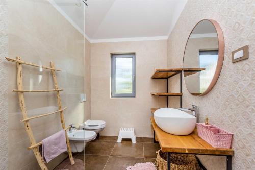 Luxury apartment Viktorija with private pool في سيزيتشي: حمام مع حوض ومرحاض ومرآة