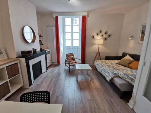 - un salon avec un lit et une cheminée dans l'établissement Anémone - studio tout confort en centre ville, à Millau
