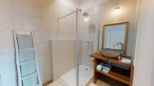 a bathroom with a shower with a sink and a mirror at Le Paradis des Gen(t)s in Seyssel