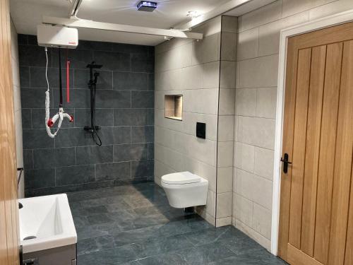 a bathroom with a white toilet and a sink at Fully Accessible - Disability Adapted Holiday Cottage - Skegness in Ingoldmells
