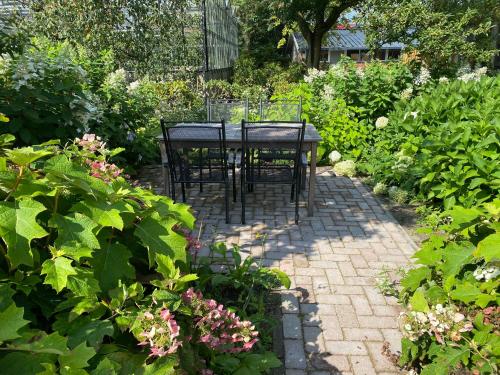 een patio met een tafel en stoelen in een tuin bij Achterhoeks Goed, Bed & Breakfast in Vragender in Vragender